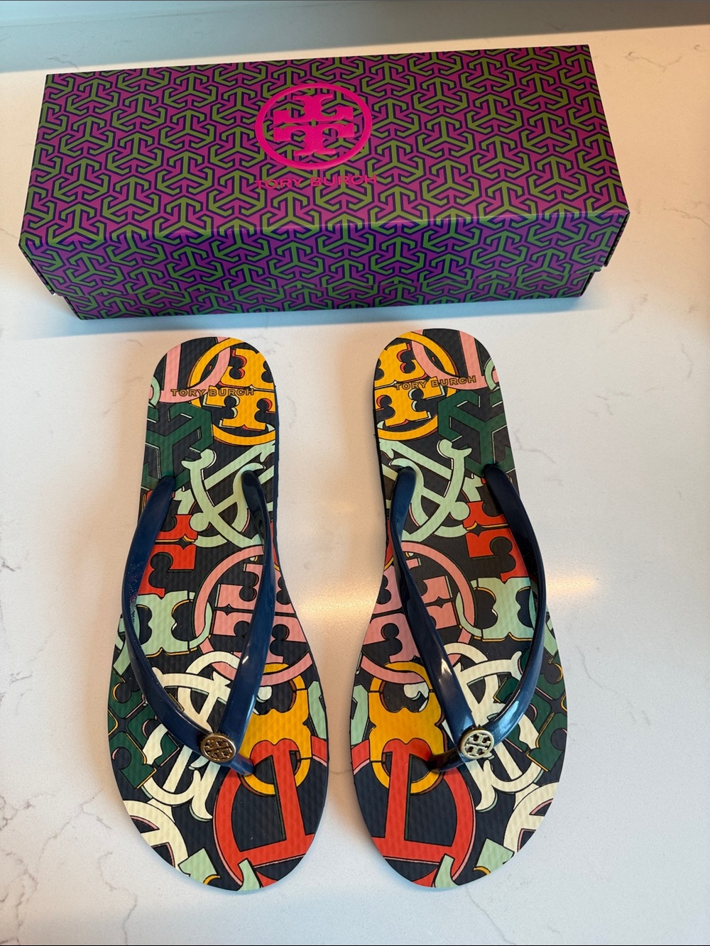 Tory Burch Multicolor Logo Pattern Flip Sandals with Navy Straps
